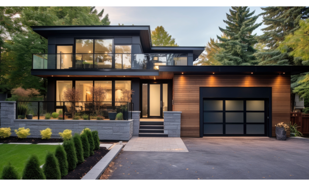 Two-story modern home with dark metal-look cladding, wood garage door and stone base.