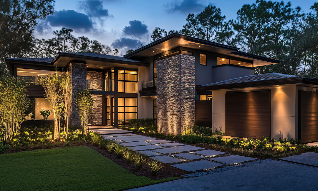 Modern home with stone piers and wood siding, dramatically uplit at dusk.