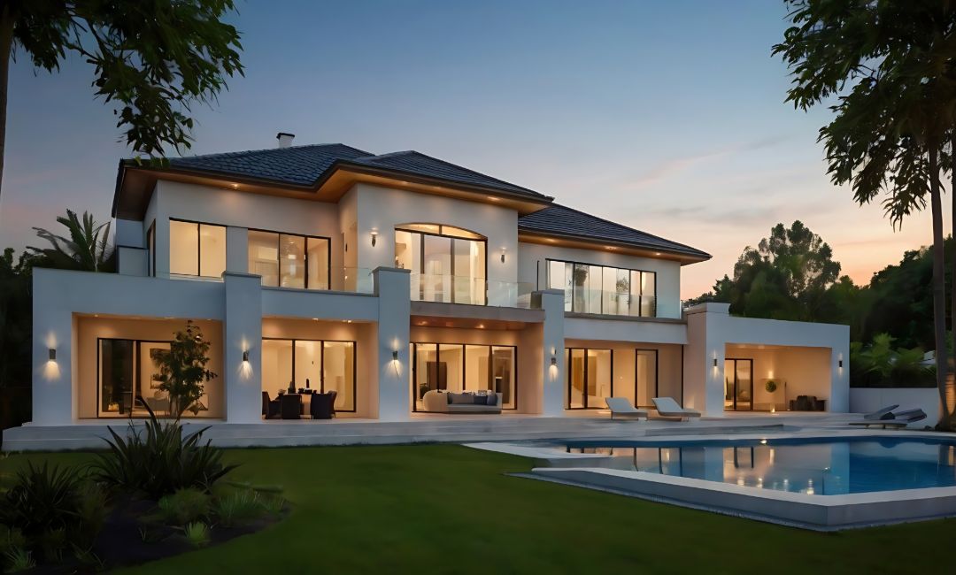 Mediterranean-style estate with pool and warm evening lighting.