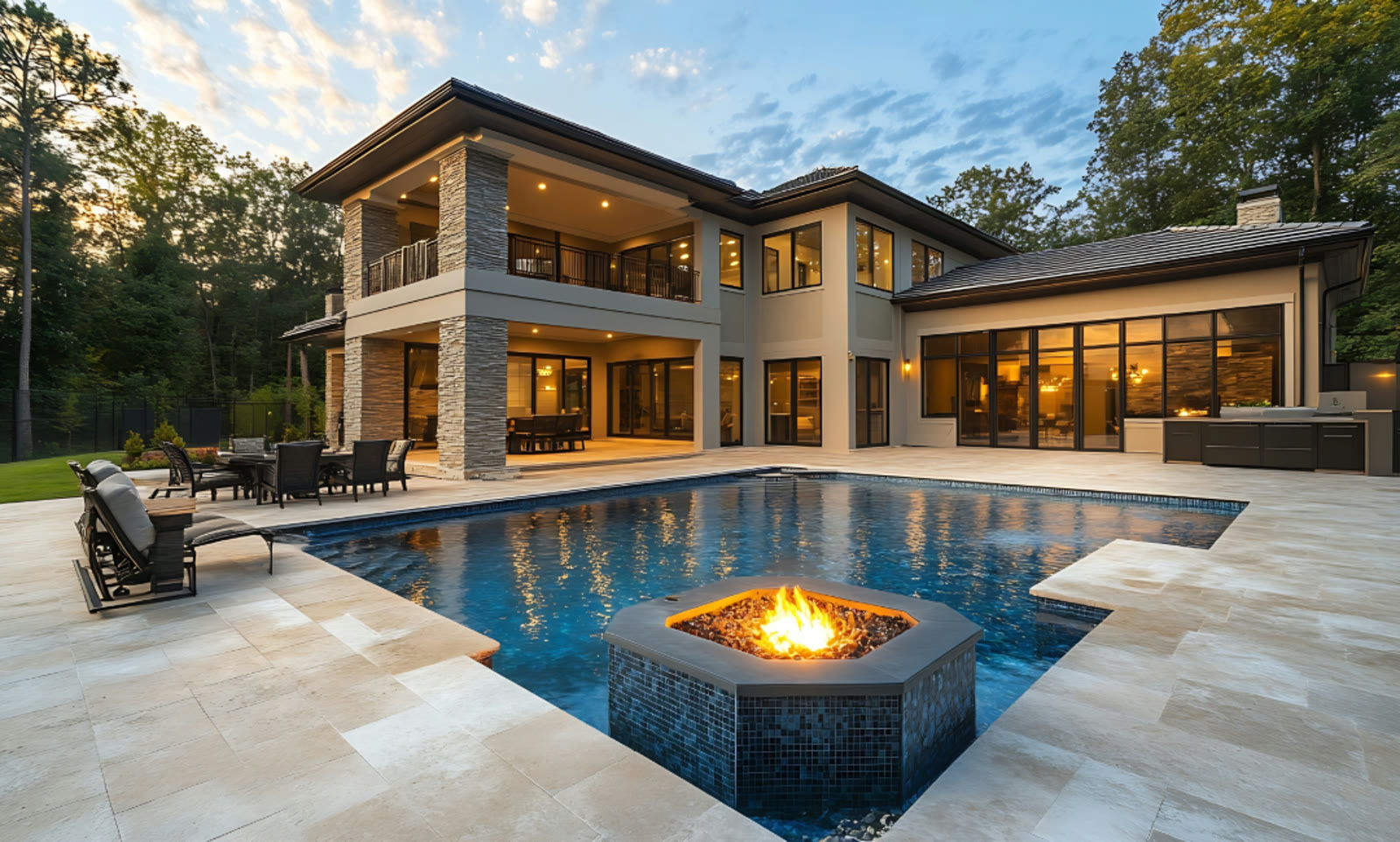 Two-story stone and stucco estate at dusk with a pool and lit firepit terrace.