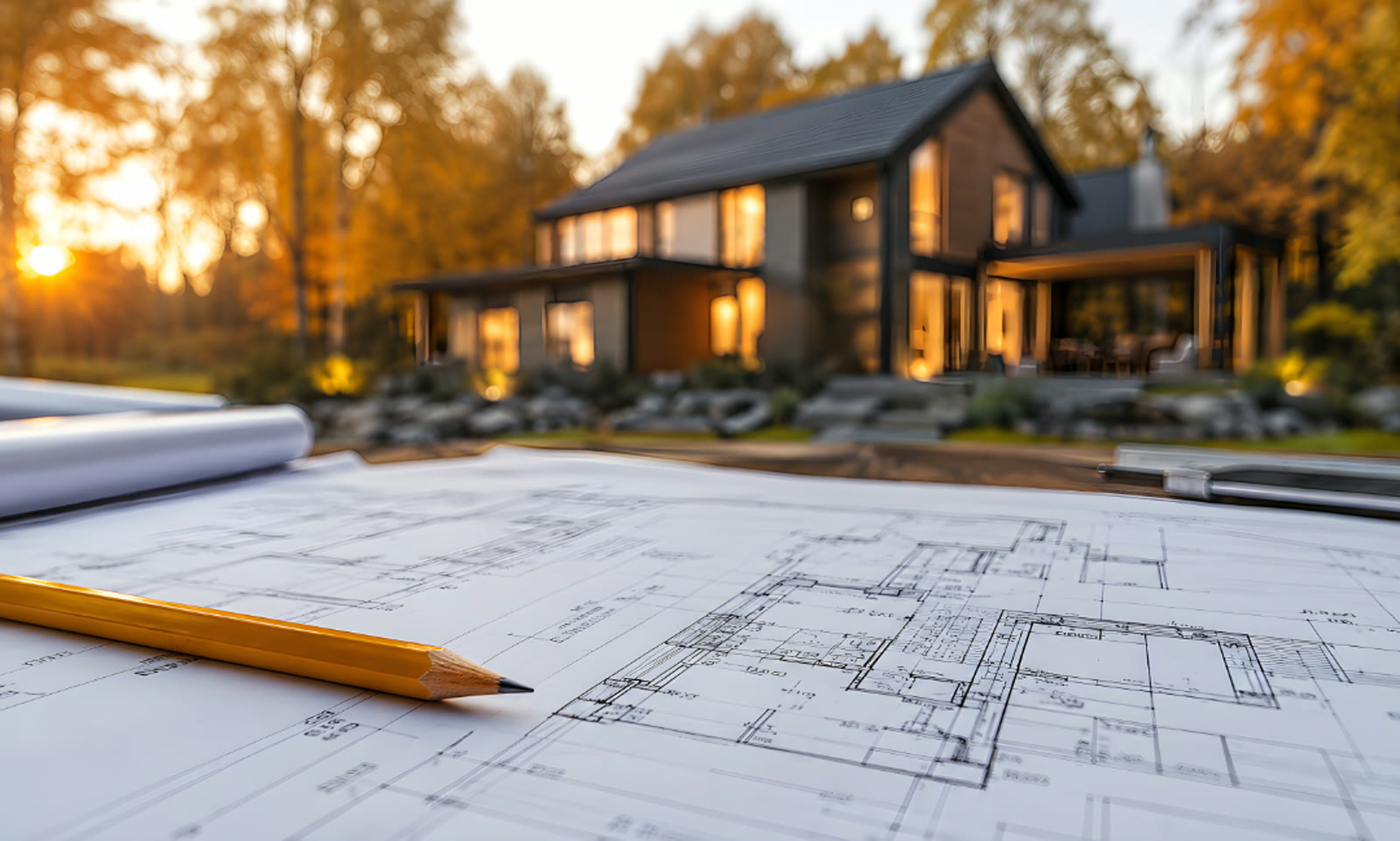 Architectural drawings on a table with a warmly lit steel-framed home behind them at sunset