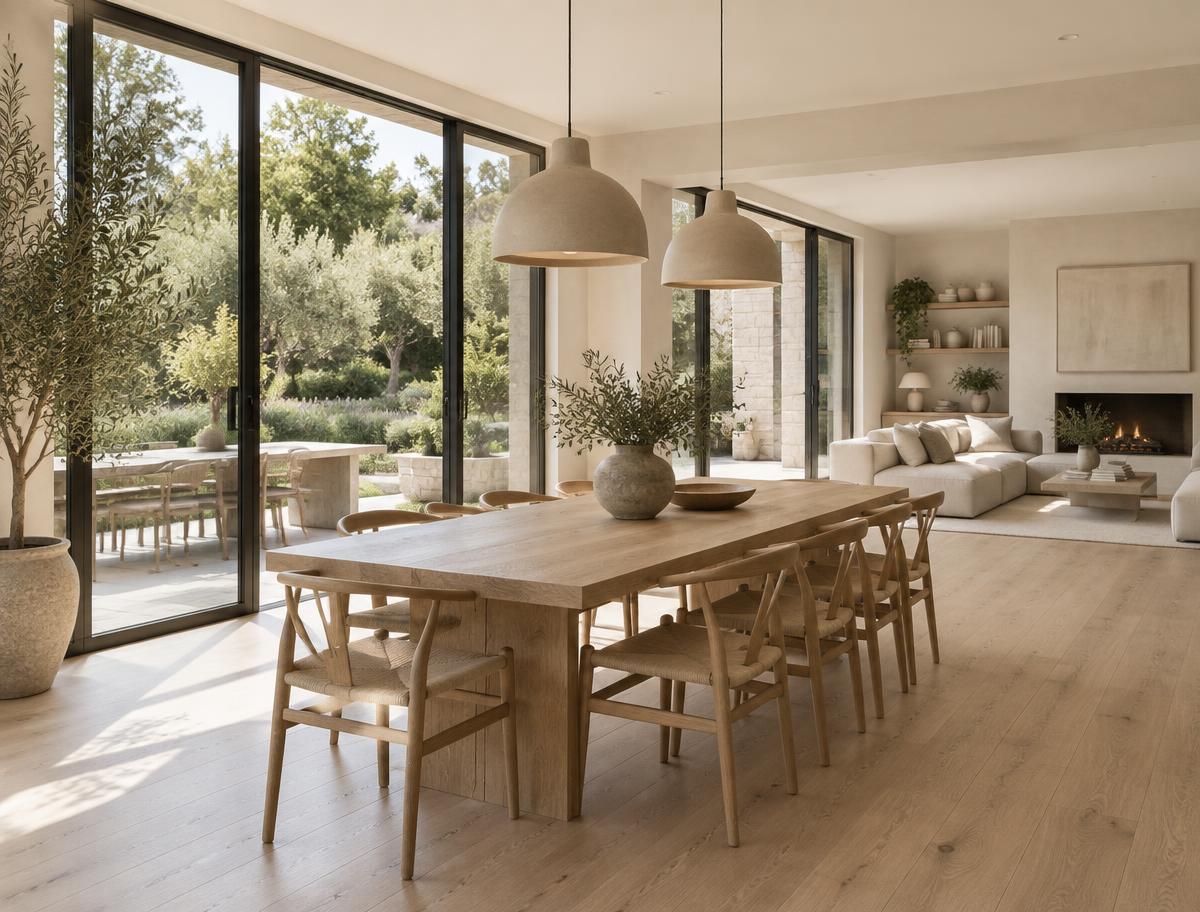 Bright open-concept interior with dining area and full-height glass doors to a garden patio.