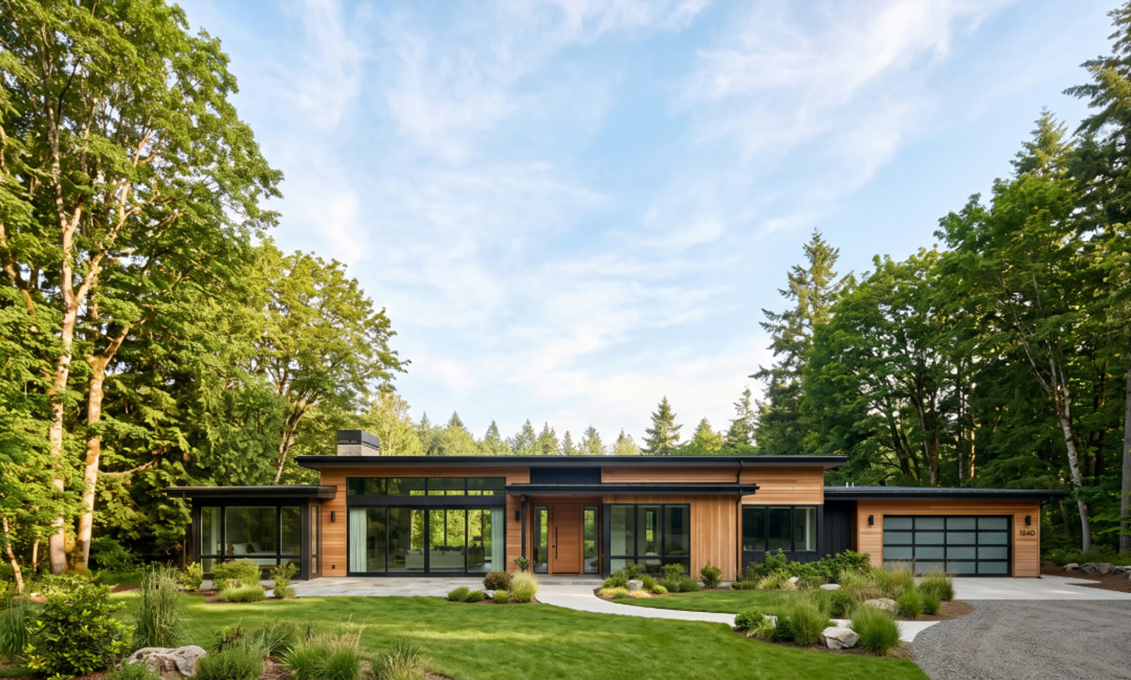 Single-story modern ranch home in wood and dark cladding, set in a forest clearing.