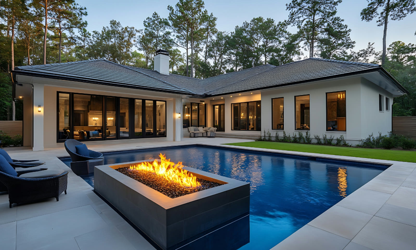 Modern courtyard home at dusk with a pool, firepit terrace and surrounding pines.