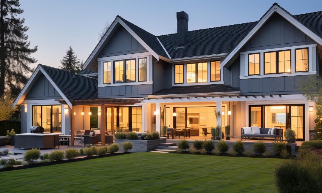 Two-story modern farmhouse with board-and-batten siding and a gabled roofline at dusk.